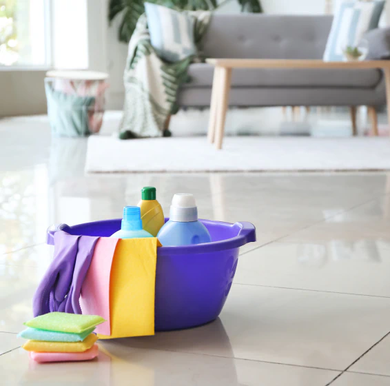 set of cleaning supplies on living room's floor